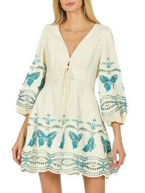 NWOT$695 Super Natural Secret Mission Priscilla Linen Dress Butterfly Embroidery